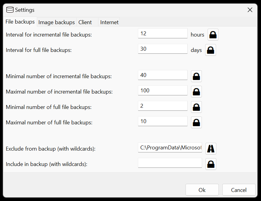 The Urbackup settings screen