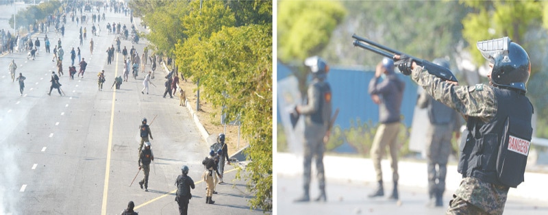 Security personnel and protesters clash on Srinagar Highway in Islamabad on Tuesday. In the other picture a Rangers official fires a rubber bullet at the protesters. — Photos by Mohammad Asim