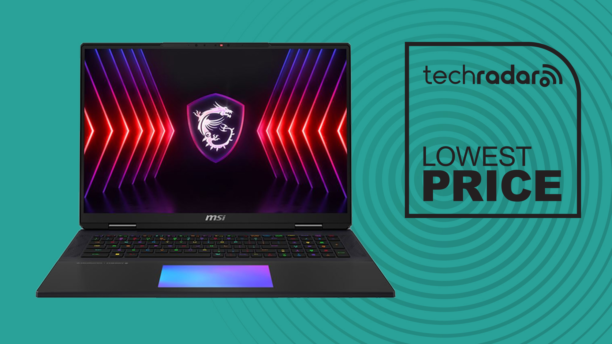 An MSI Titan 18 HX against a techradar background with a LOWEST PRICE badge