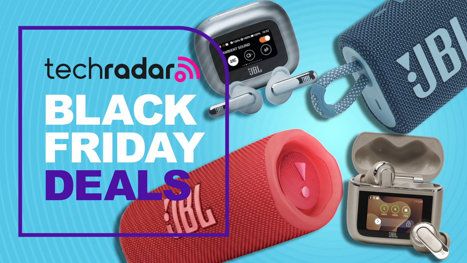 A selection of JBL earbuds and Bluetooth speakers on TR's Black Friday poster