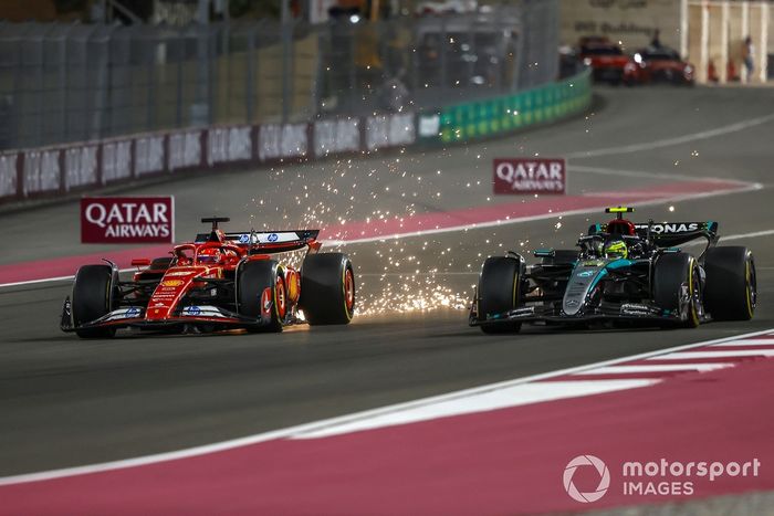 Charles Leclerc, Ferrari SF-24, Lewis Hamilton, Mercedes F1 W15, battle as sparks fly