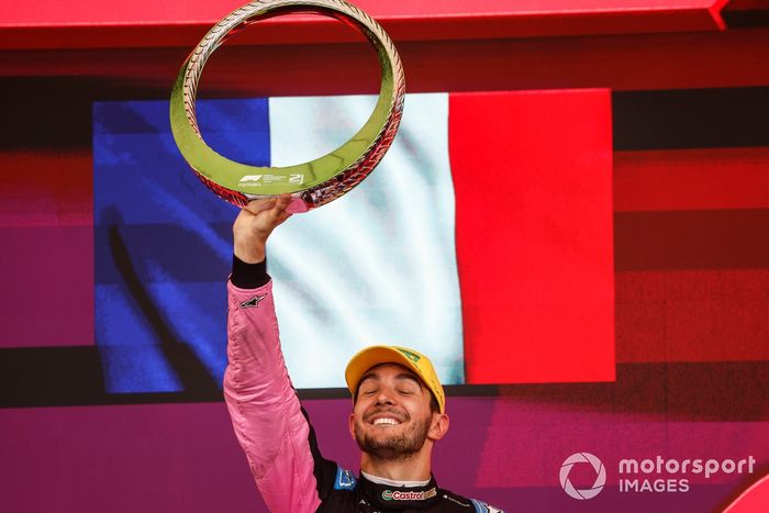 Esteban Ocon, Alpine F1 Team, 2nd position, celebrates with his trophy on the podium