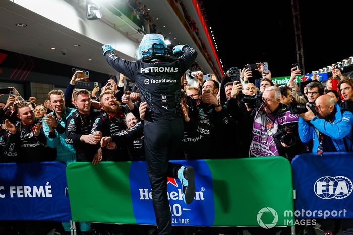 George Russell, Mercedes-AMG F1 Team, 1st position, celebrates with his team in Parc Ferme