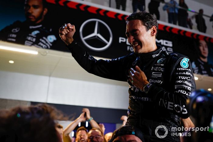 George Russell, Mercedes-AMG F1 Team, celebrates with his team after the race