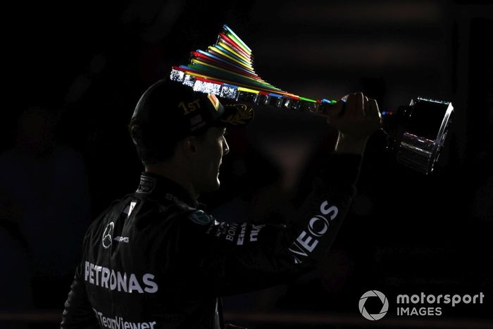 George Russell, Mercedes-AMG F1 Team, lifts the winners trophy