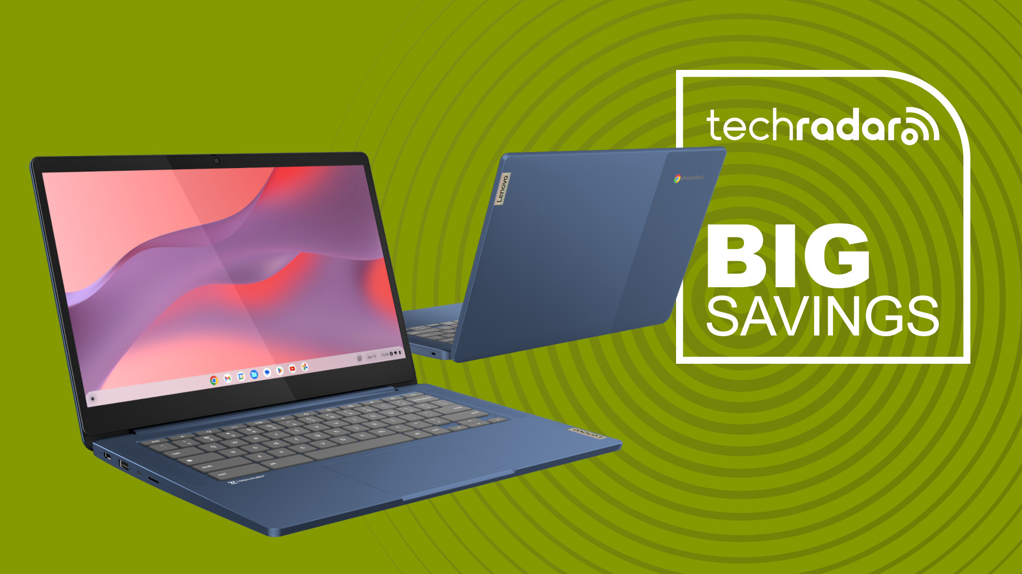 Two Lenovo IdeaPad Slim 3 Chromebooks on a green background with the text 'BIG SAVINGS'.