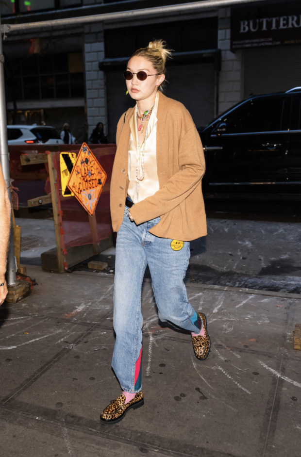 Gigi Hadid wearing Reformation Agathea loafers