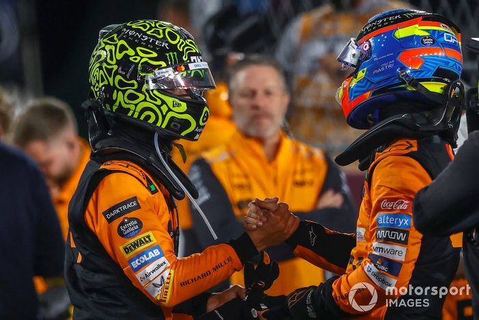 Lando Norris, McLaren F1 Team, 2nd position, Oscar Piastri, McLaren F1 Team, 1st position, congratulate each other in Parc Ferme