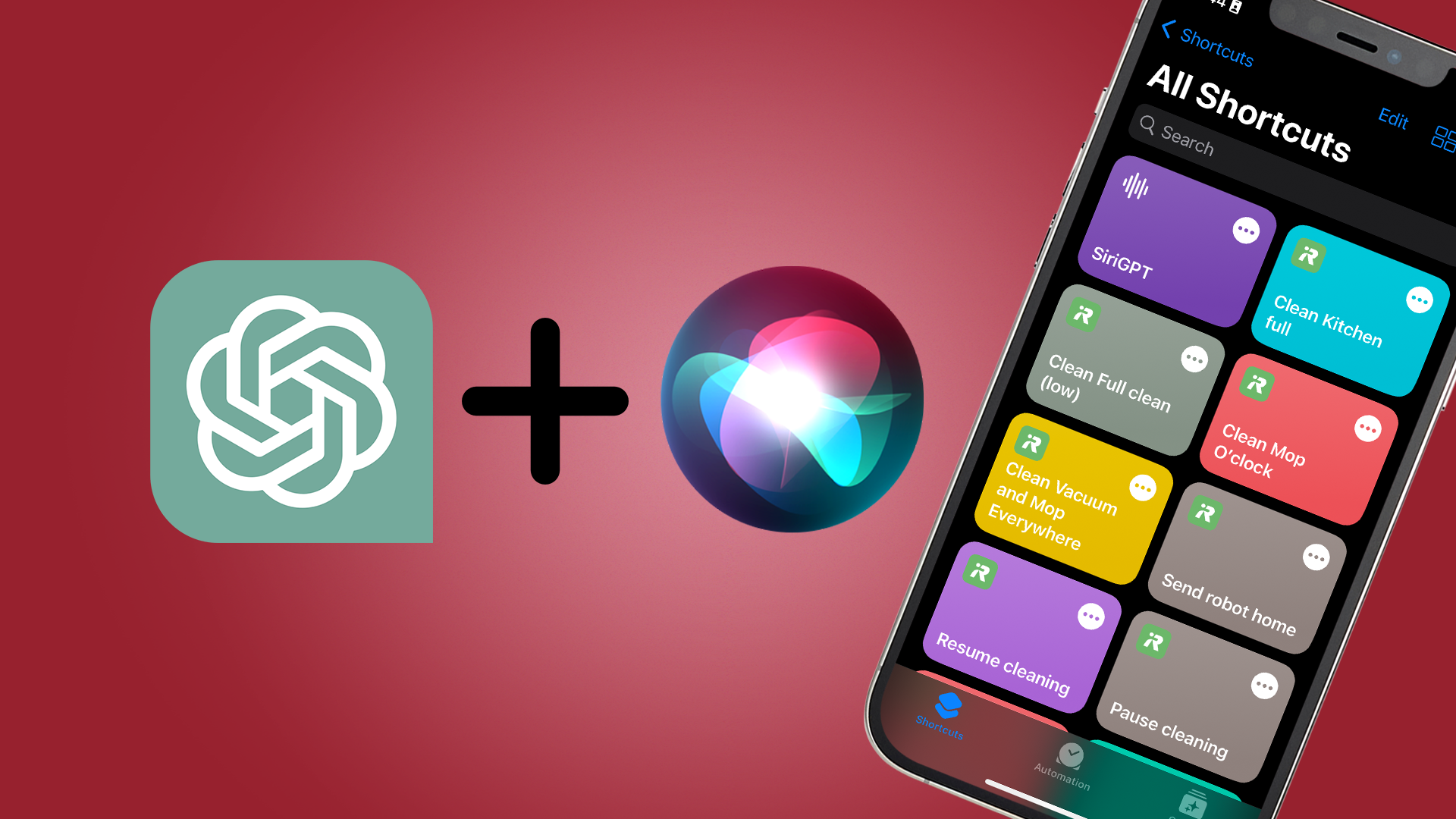 ChatGPT logo next to a '+' symbol, the Siri logo and an iPhone with the Shortcuts app open