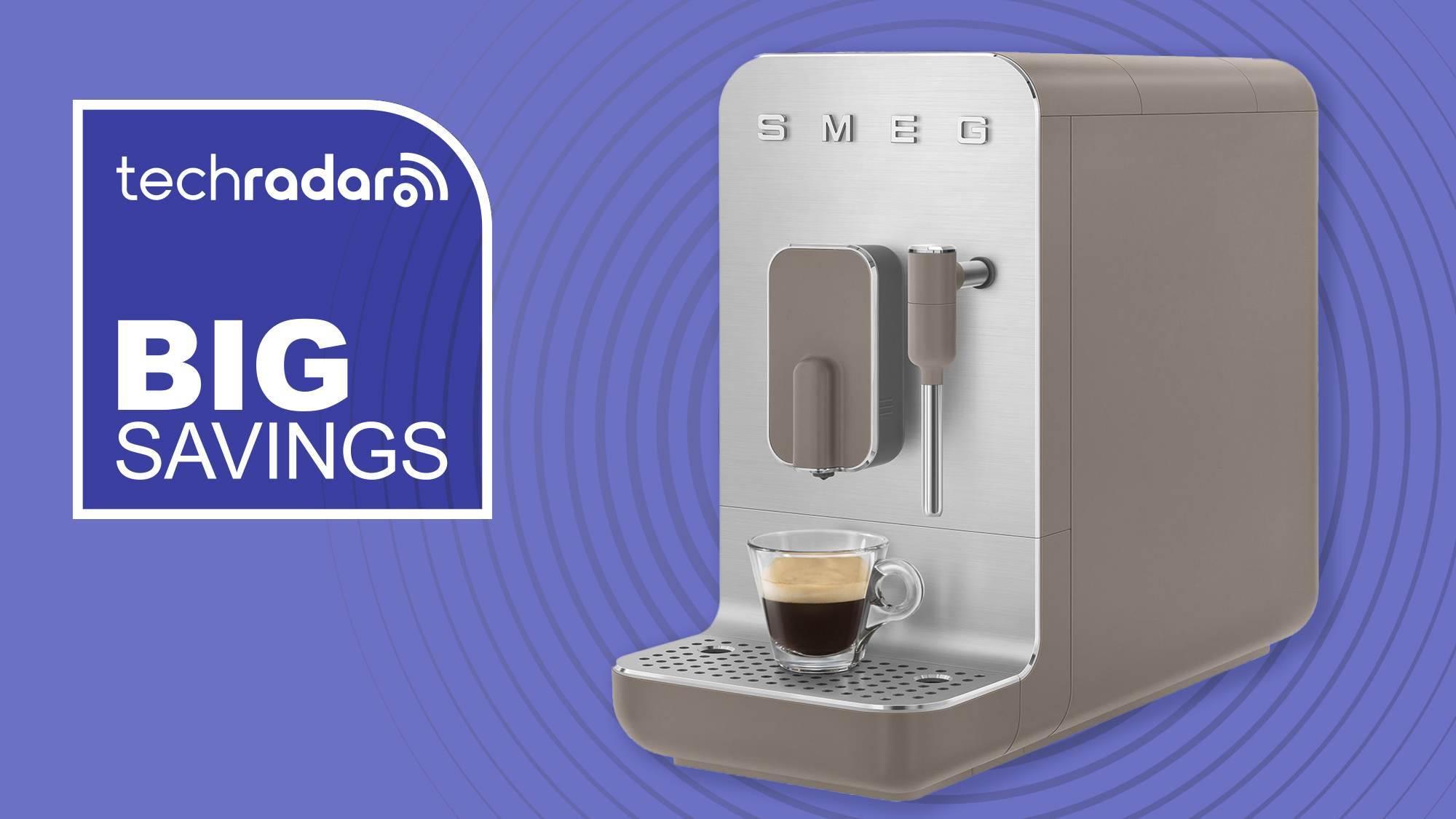 Smeg BCC12 coffee maker on purple background with white text reading "TechRadar Big Savings"