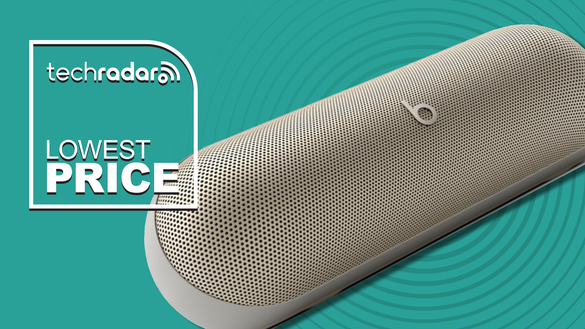 Beats Pill in Champagne on blue background with TR's 'lowest price' badge