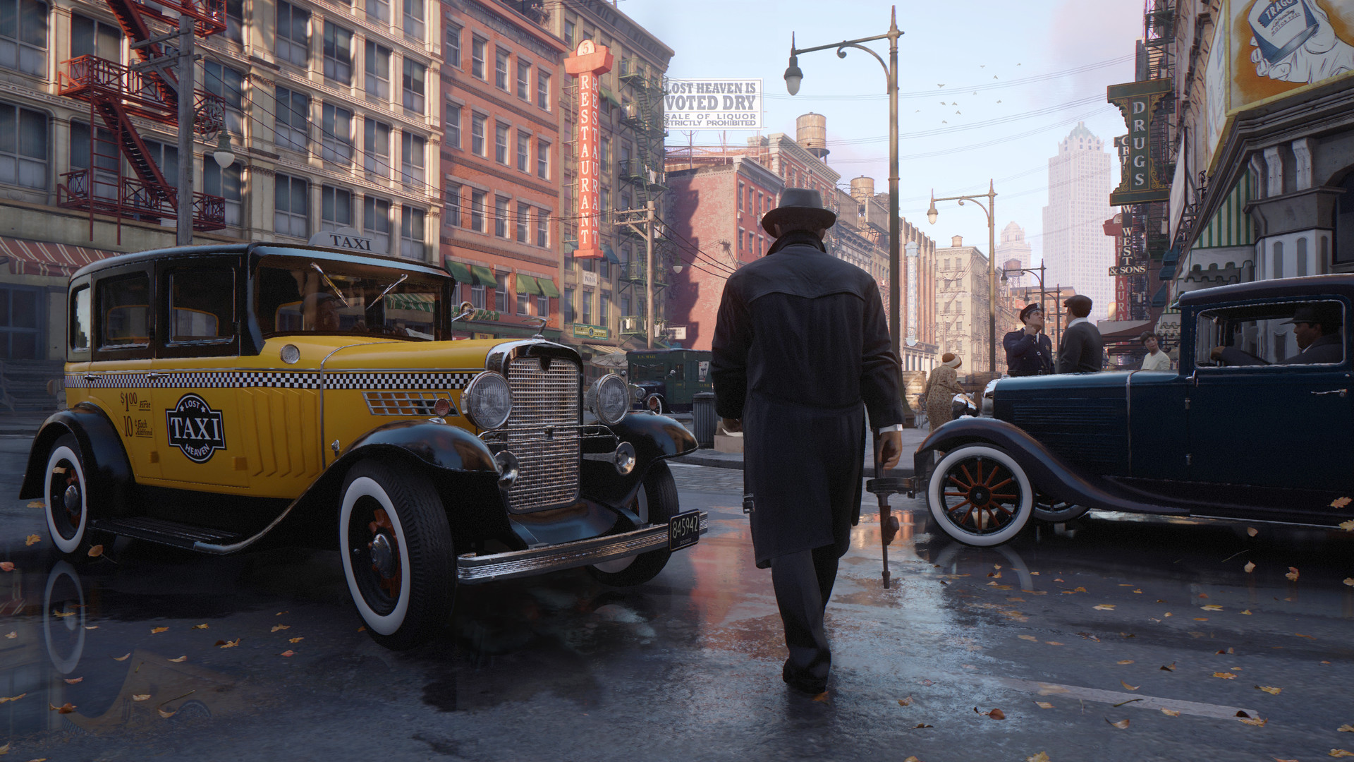 Mafia Definitive Edition's Tommy walking through a 1930's street