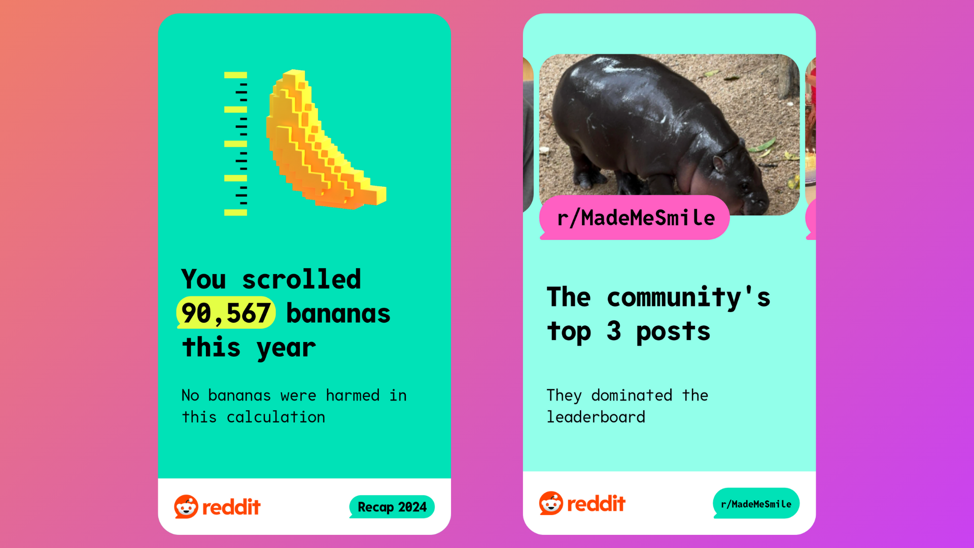 This year's Reddit Recap stats showing Hamish scrolled 90,567 bananas this year, and the hippo Moo Deng.