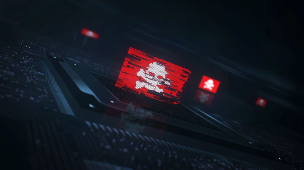 Pirate skull cyber attack digital technology flag cyber on on computer CPU in background. Darknet and cybercrime banner cyberattack and espionage concept illustration.