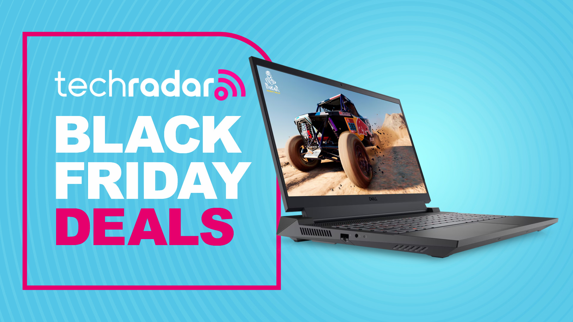 The Dell G15 gaming laptop on a cyan background with the text 'TechRadar Black Friday Deals'.