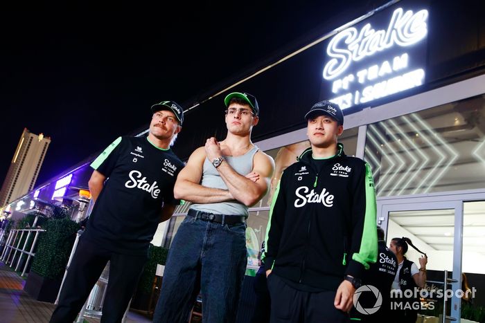 Valtteri Bottas, Stake F1 Team KICK Sauber, with Gianluca “QCP” Conte, Food content creator and Zhou Guanyu, Stake F1 Team KICK Sauber