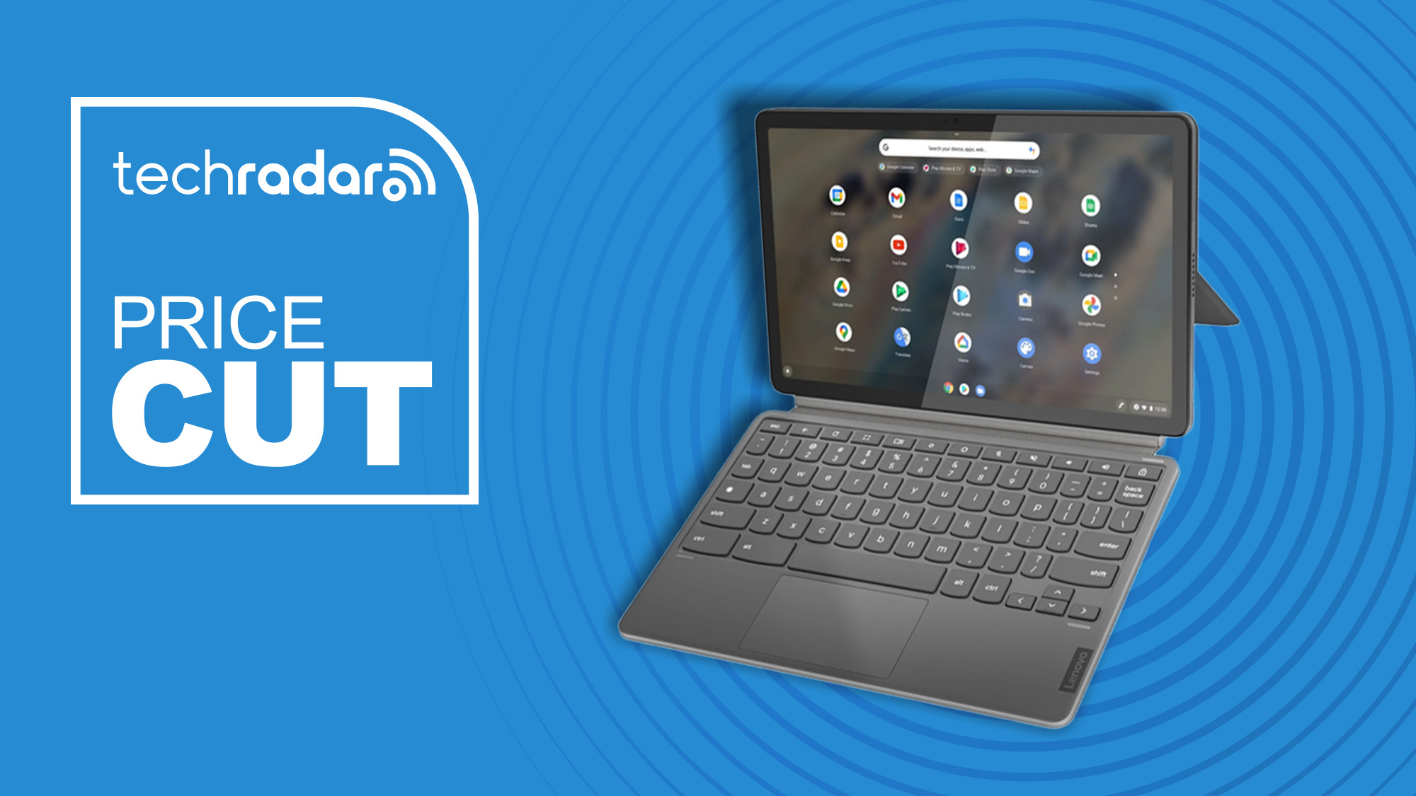 The Lenovo Chromebook Duet 3 against a Techradar background and a PRICE CUT badge