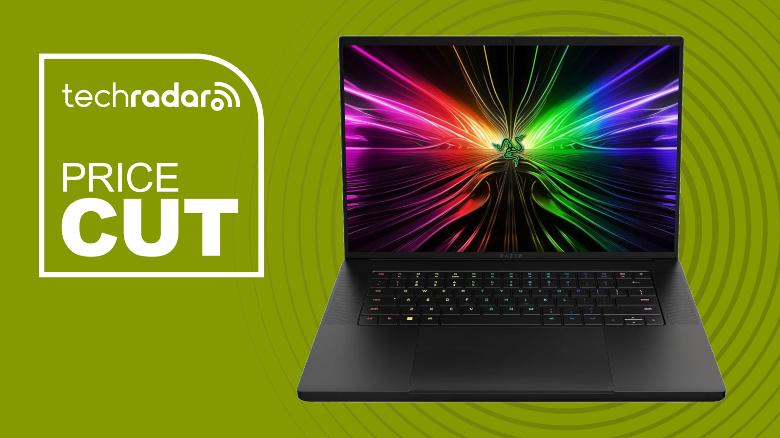 The Razer Blade 16 on a green background with the text 'PRICE CUT'.