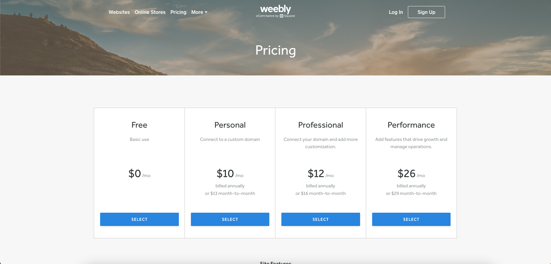 Weebly pricing page screenshot