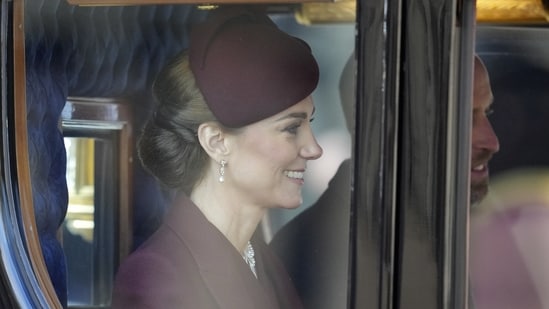 The Prince and Princess of Wales sit in a carriage after welcoming the Emir of Qatar and his wife to the UK (Kin Cheung/PA)