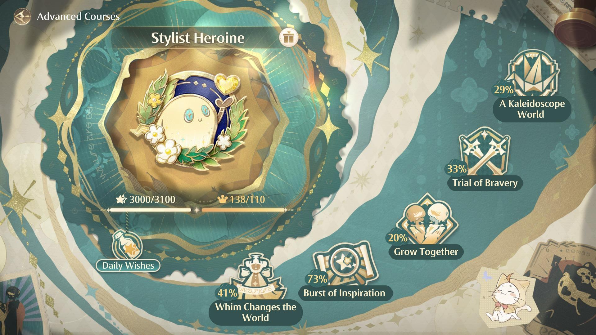 The screenshot shows the Advanced Courses menu where the player can increase their Stylist Rank in Infinity Nikki