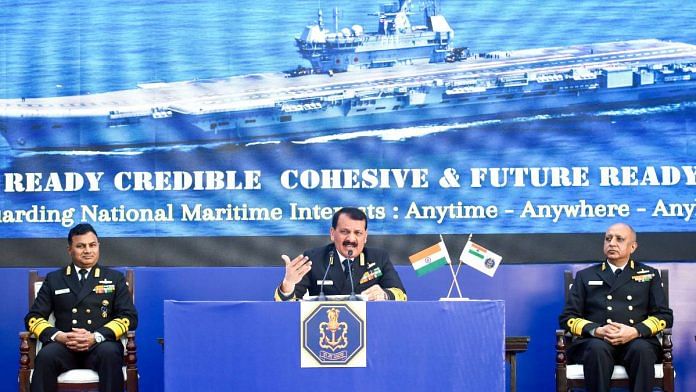 Indian Navy Chief Admiral Dinesh Tripathi addresses a press conference ahead of Navy Day 2024, in New Delhi Monday | Photo: ANI