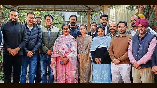 Congress candidate Mamta Ashu along with other candidates after submitting nomination papers at Mini Secretariat in Ludhiana on Wednesday. (HT Photo)