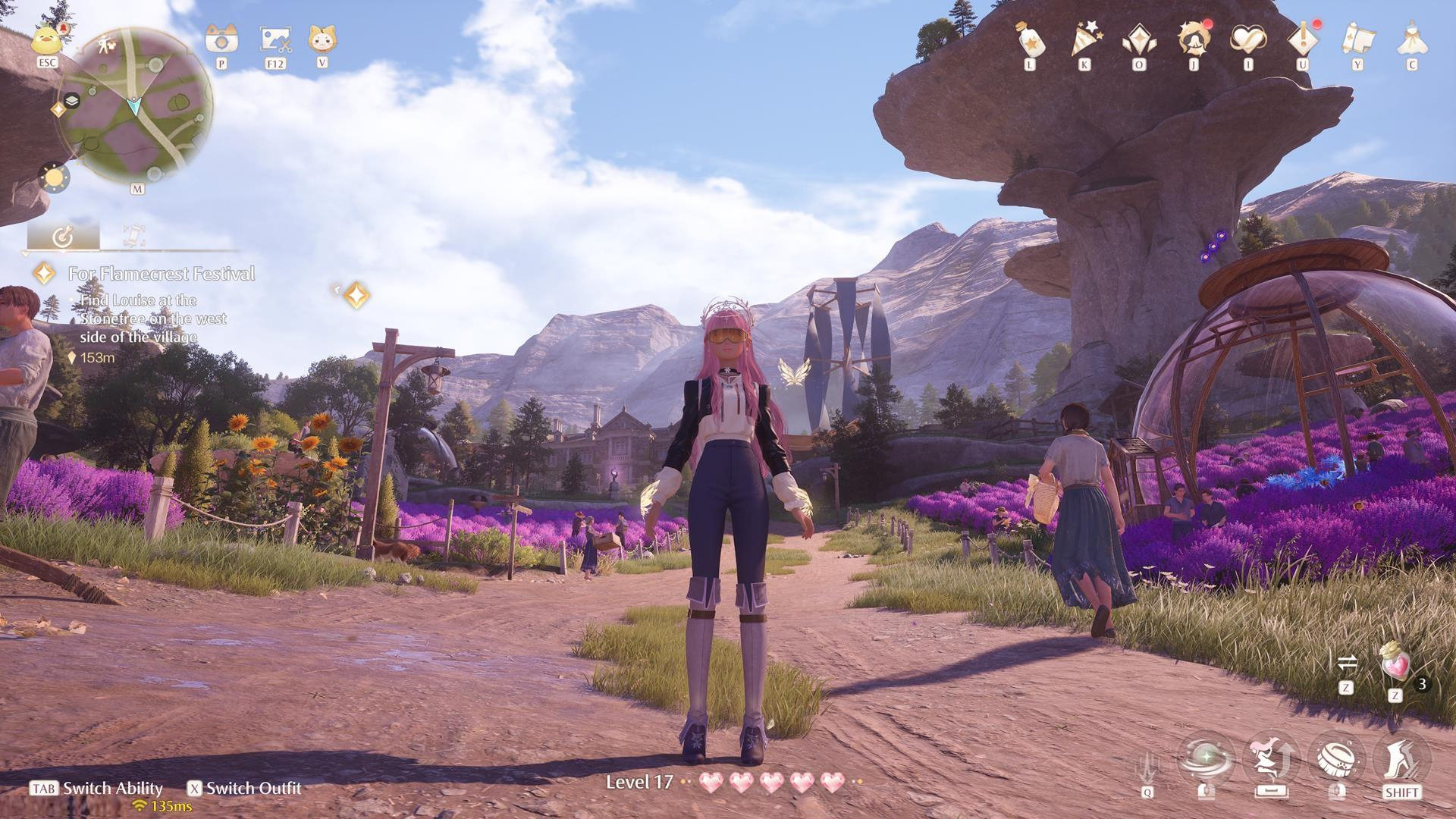 The screenshot shows the player surrounded by lush, colorful fields in Infinity Nikki