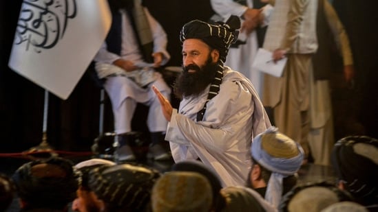 Afghanistan's minister for refugees, Khalil Haqqani at a gathering held to mark the first anniversary of their return to power in Afghanistan in Kabul on August 15, 2022. (AFP)