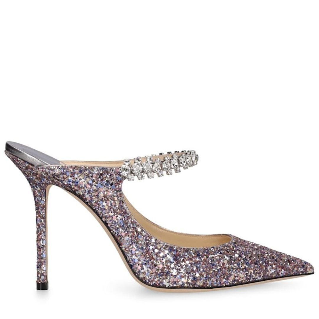 Jimmy Choo 100mm Bing glittered fabric mules