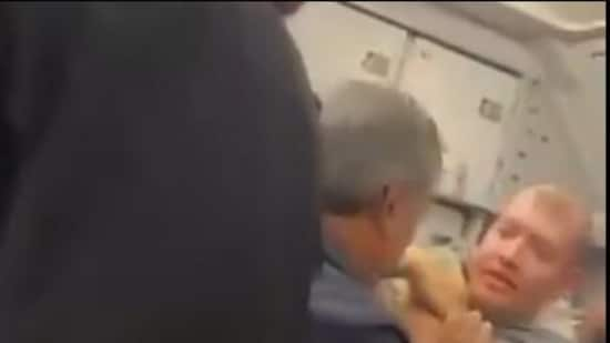 Screengrab from viral video of passengers cornering the alleged would-be hijacker (x.com/MarioNawfal)