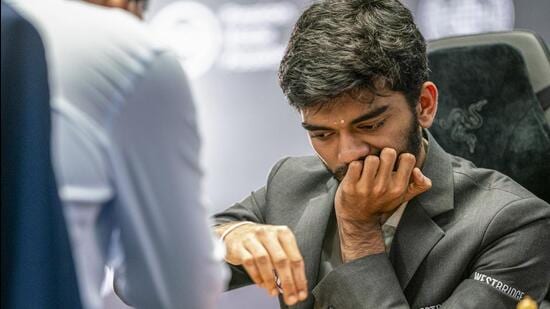 India's D Gukesh during the 13th game of the FIDE World Chess Championship 2024 in Singapore on Wednesday.