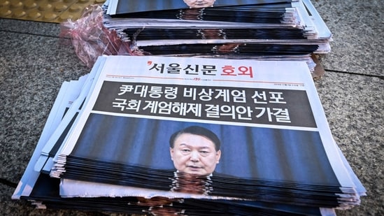 Extra edition newspapers are displayed at a subway gate in downtown Seoul on December 4, 2024, after martial law was lifted. South Korean President Yoon Suk Yeol abandoned a short-lived attempt at martial law on December 4, after lawmakers defied security forces to vote against his declaration and thousands of protesters took to the streets.(AFP)