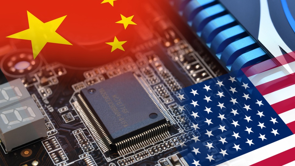 Microchip on a motherboard with Flag of China and USA. Concept for the battle of global microchips production.