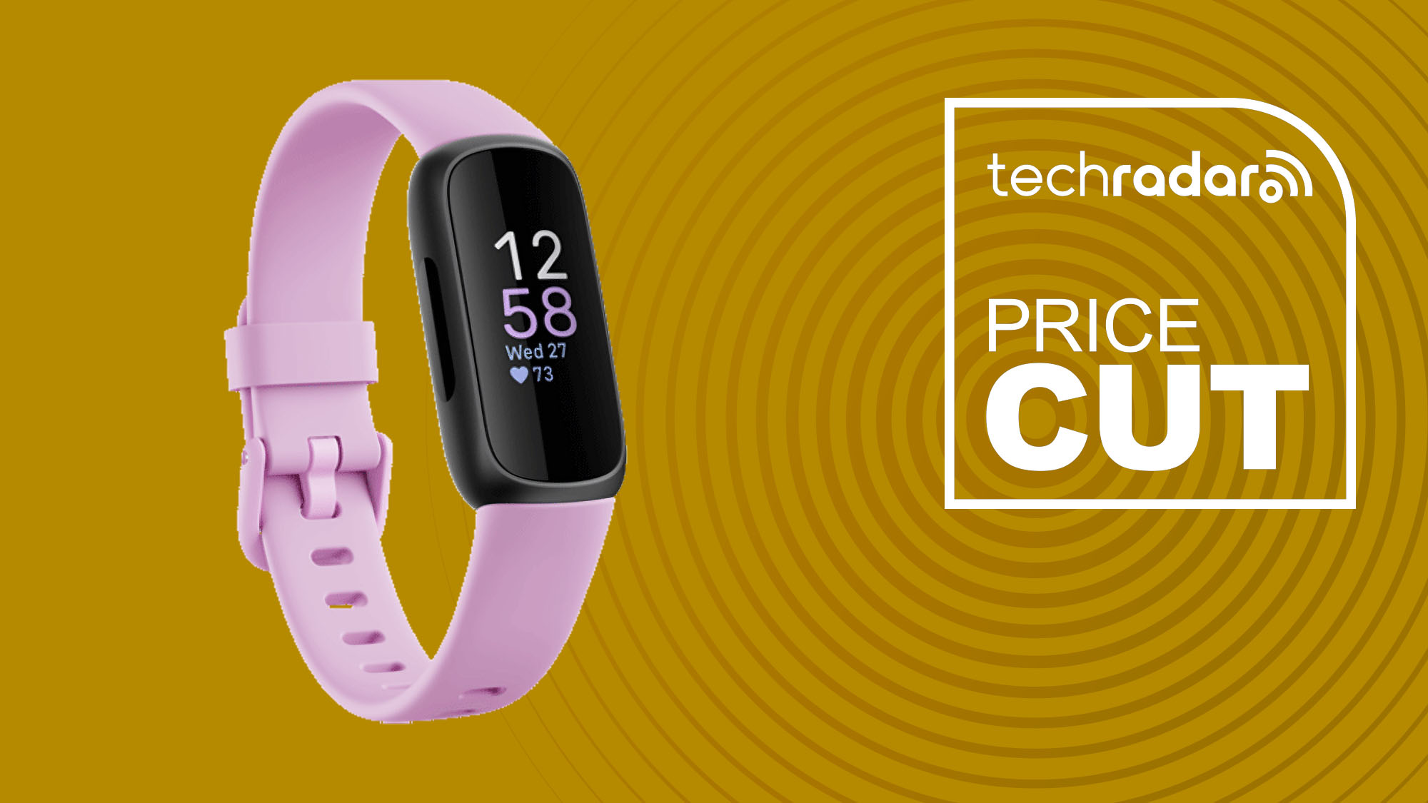 Fitbit Inspire 3 in pink on yellow background with TechRadar price cut sign