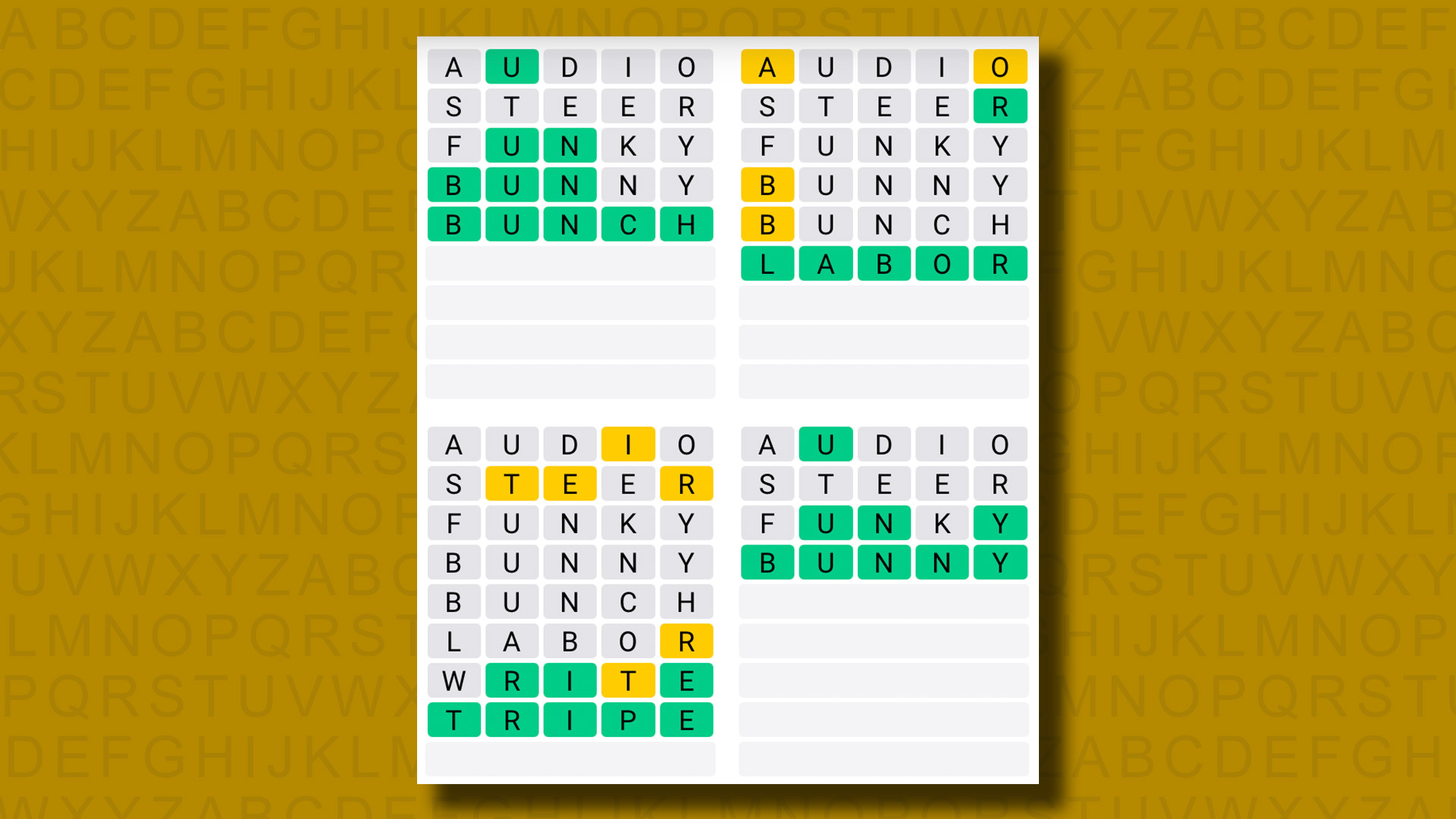 Quordle answers for game 1069 on a yellow background