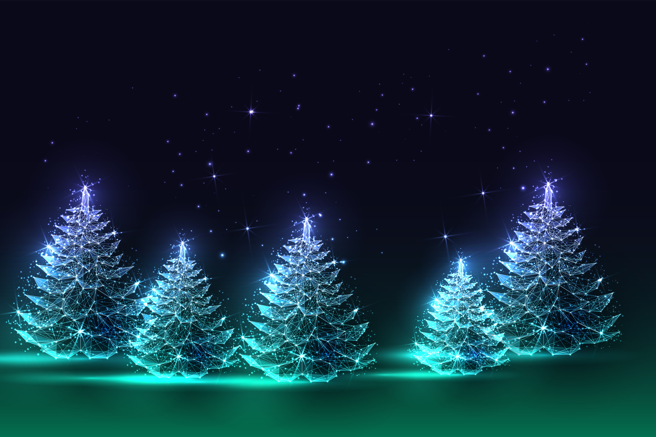 Abstract winter forest design with glowing pine trees on dark starry background