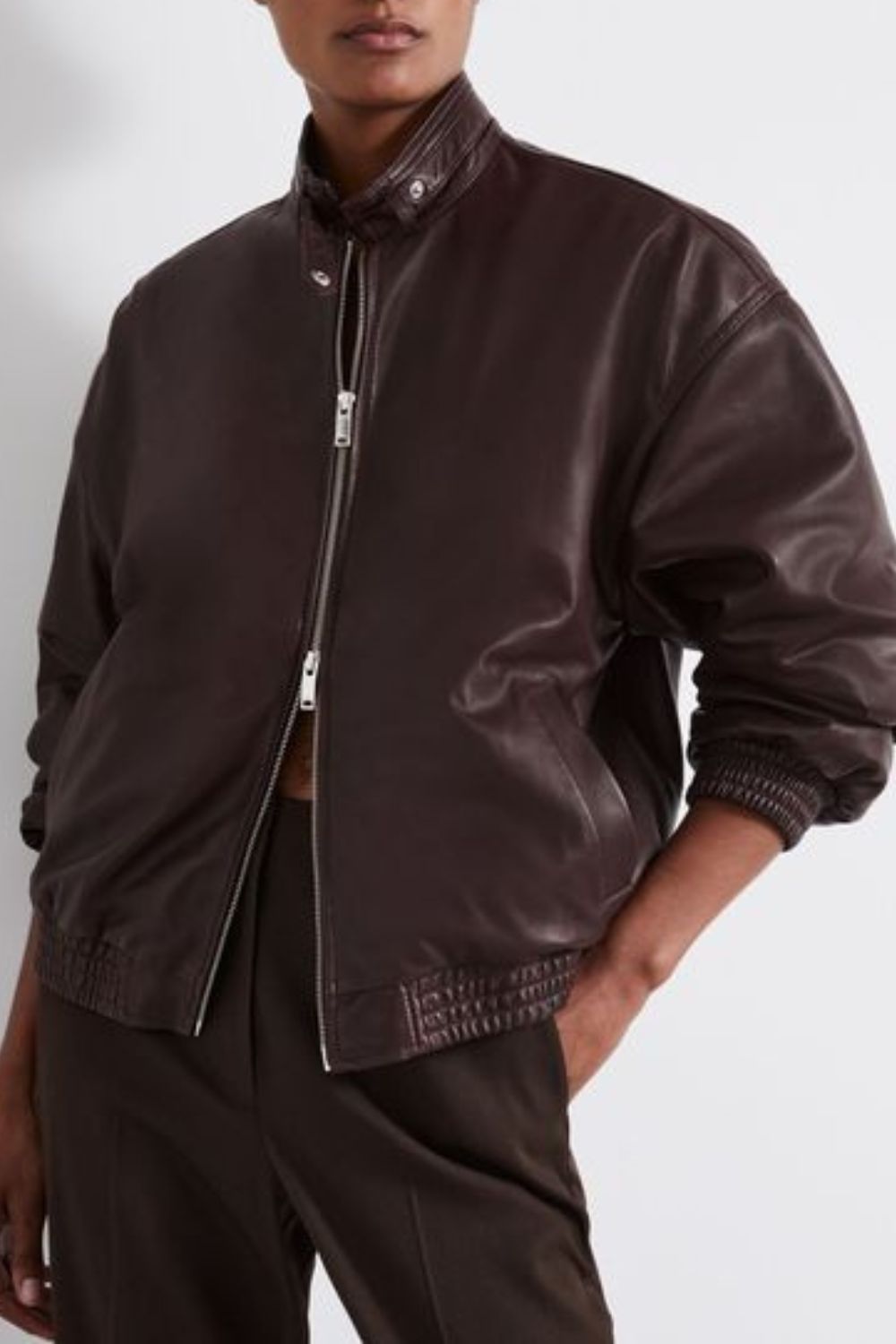 Reiss Atelier Leather Latched Collar Bomber Jacket