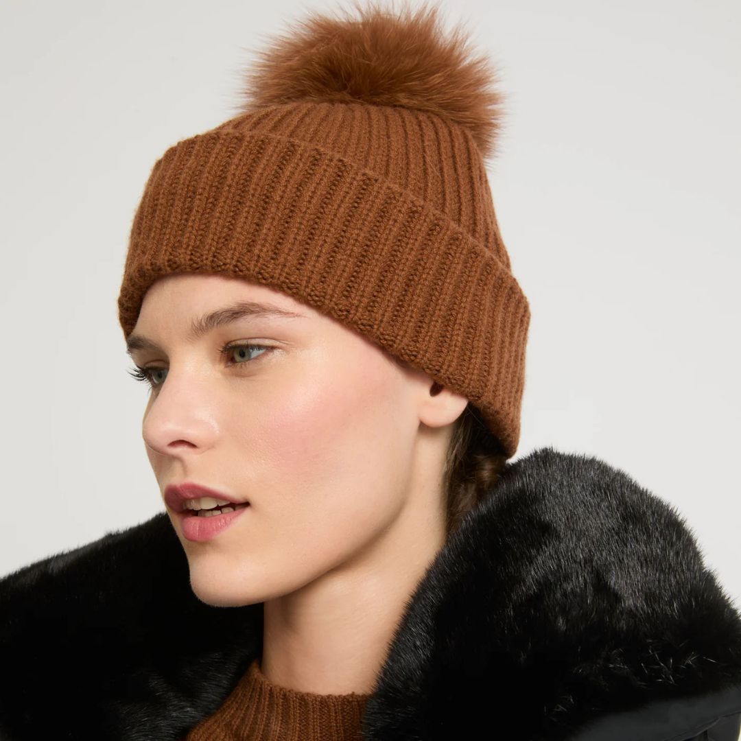 Yves Salomon Cashmere and Wool Knit Beanier with Fox Fur Pom Pom