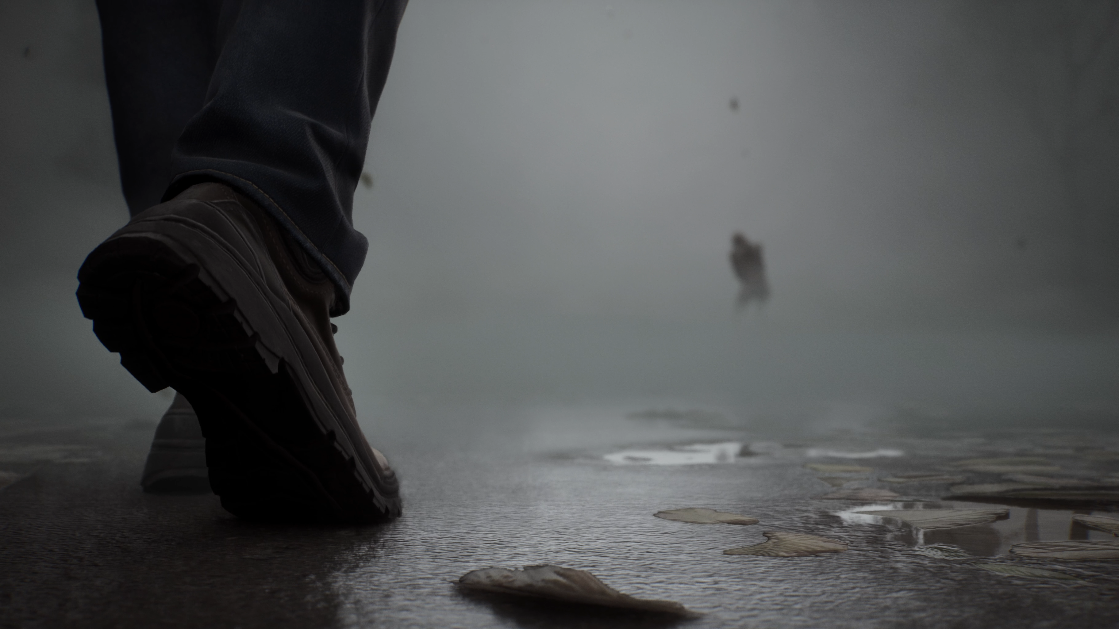 James walks towards an enemy in a foggy street.