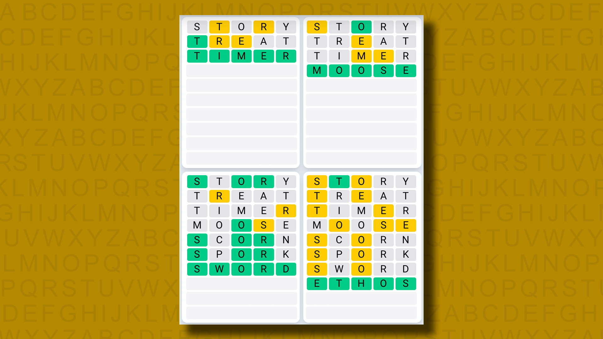 Quordle Daily Sequence answers for game 1077 on a yellow background