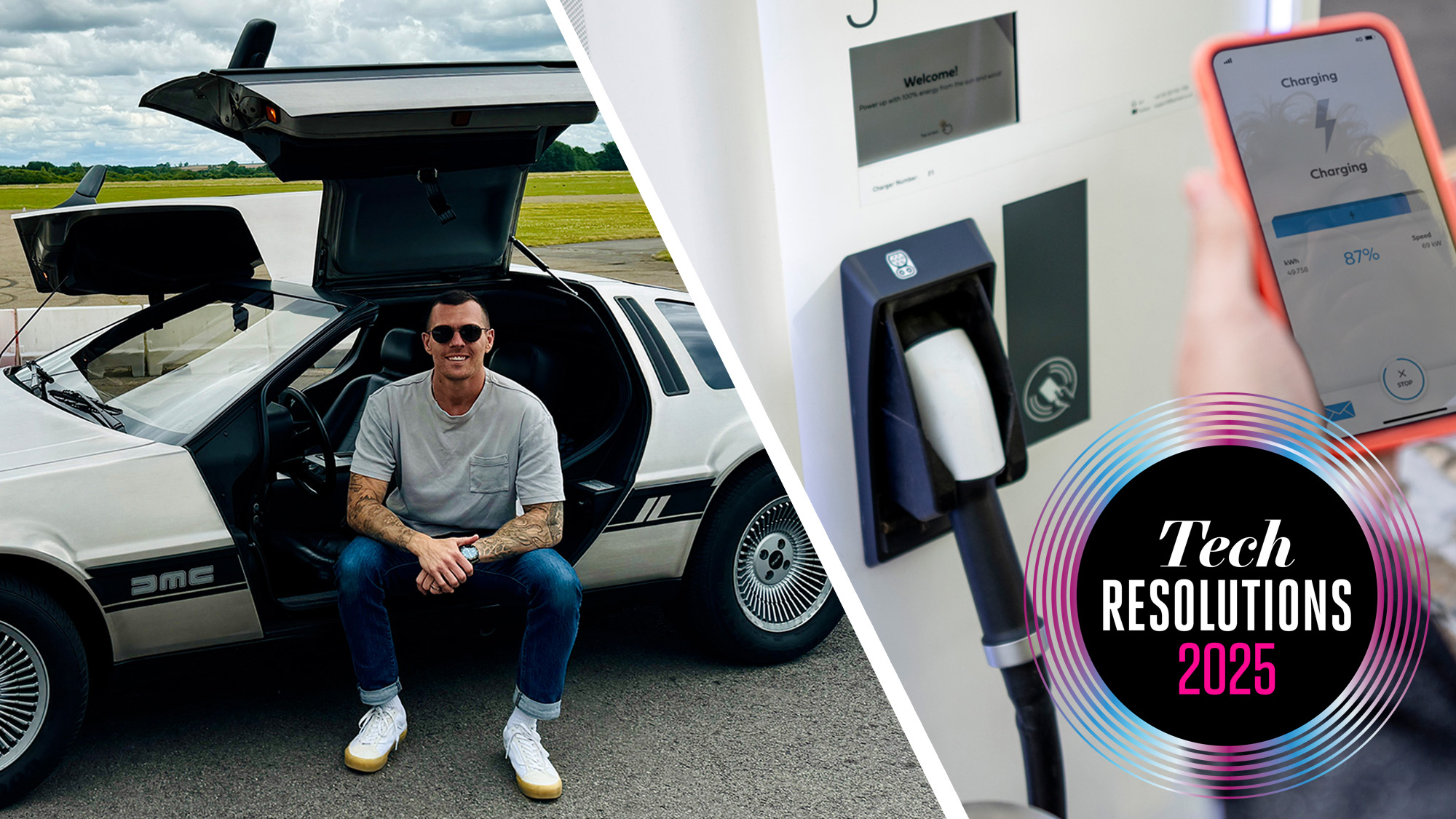 A man sitting in an Electrogenic DeLorean DMC-12 and a person holding a phone at an EV charging station.