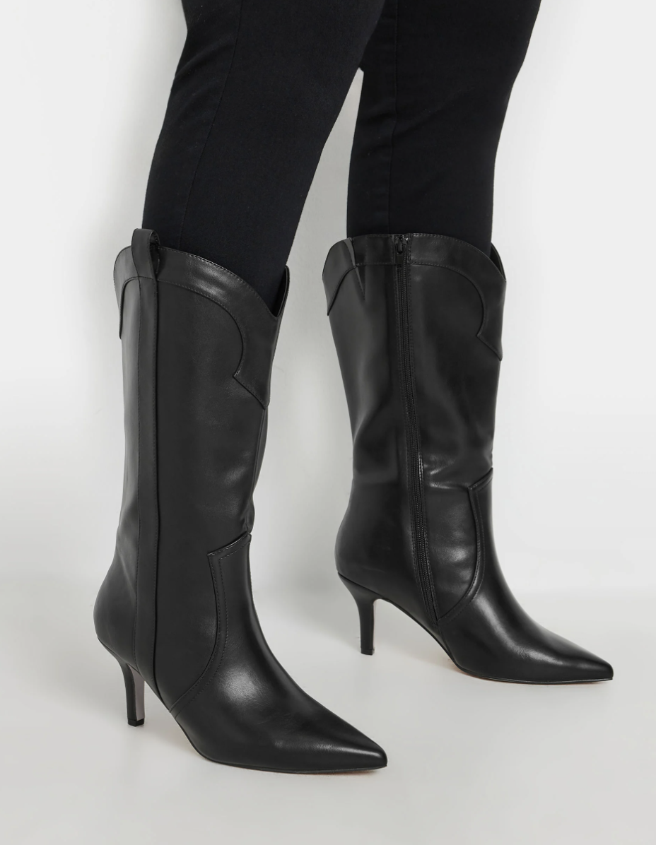 Yours Black Faux Leather Heeled Cowboy Boots In Extra Wide EEE Fit