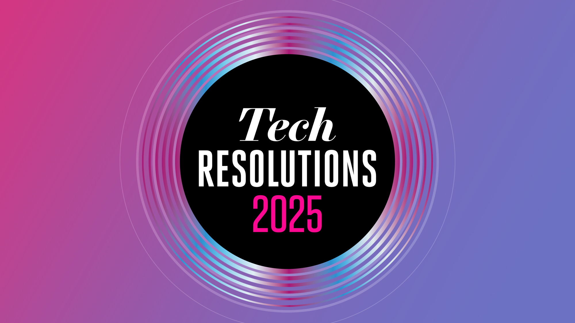 A logo for tech resolutions on a pink and purple background