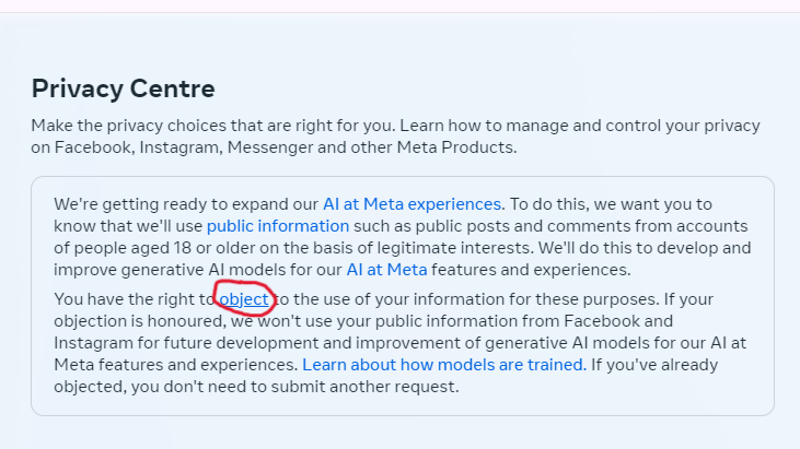 Meta's Privacy Centre notice on AI training with the highlighted word