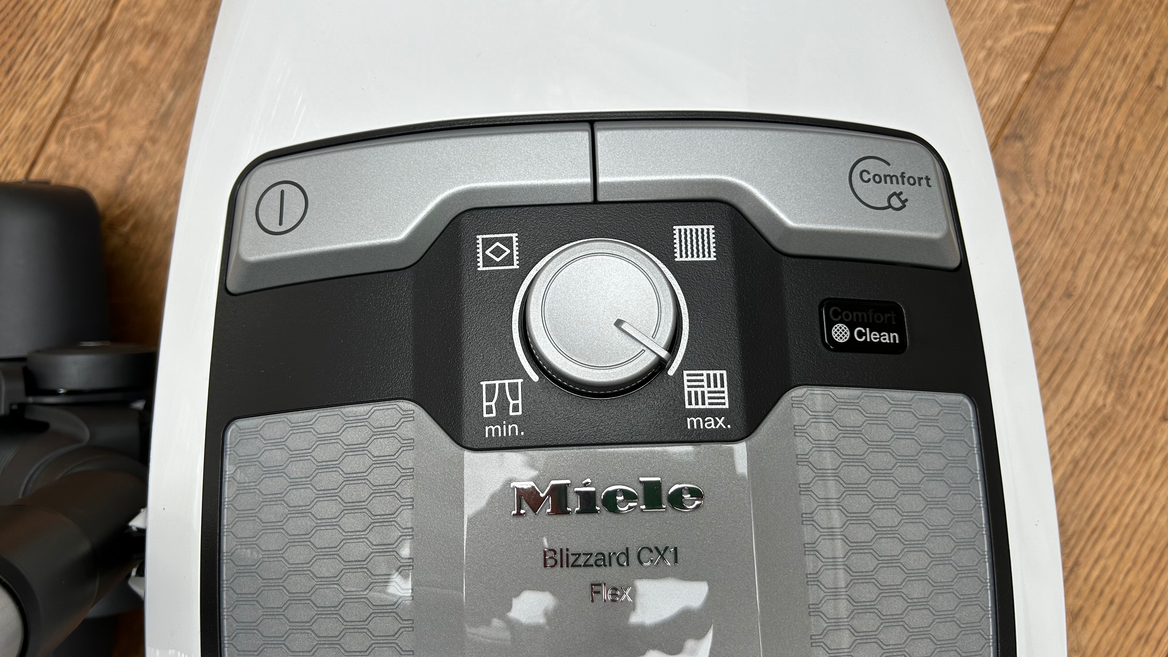 Close up of controls on Miele Blizzard CX1 canister vacuum