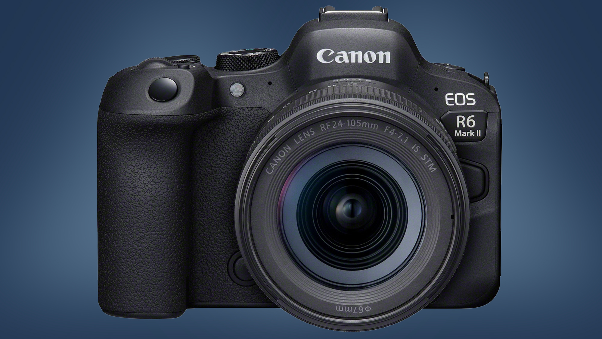 The Canon EOS R6 Mark II camera on a blue background