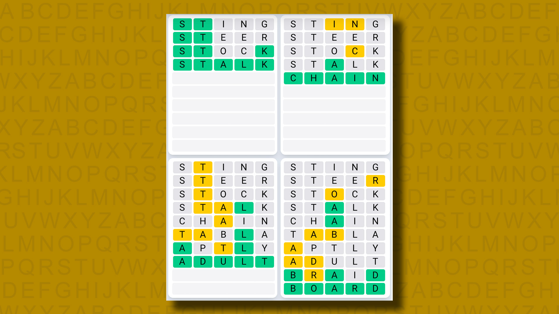 Quordle Daily Sequence answers for game 1073 on a yellow background