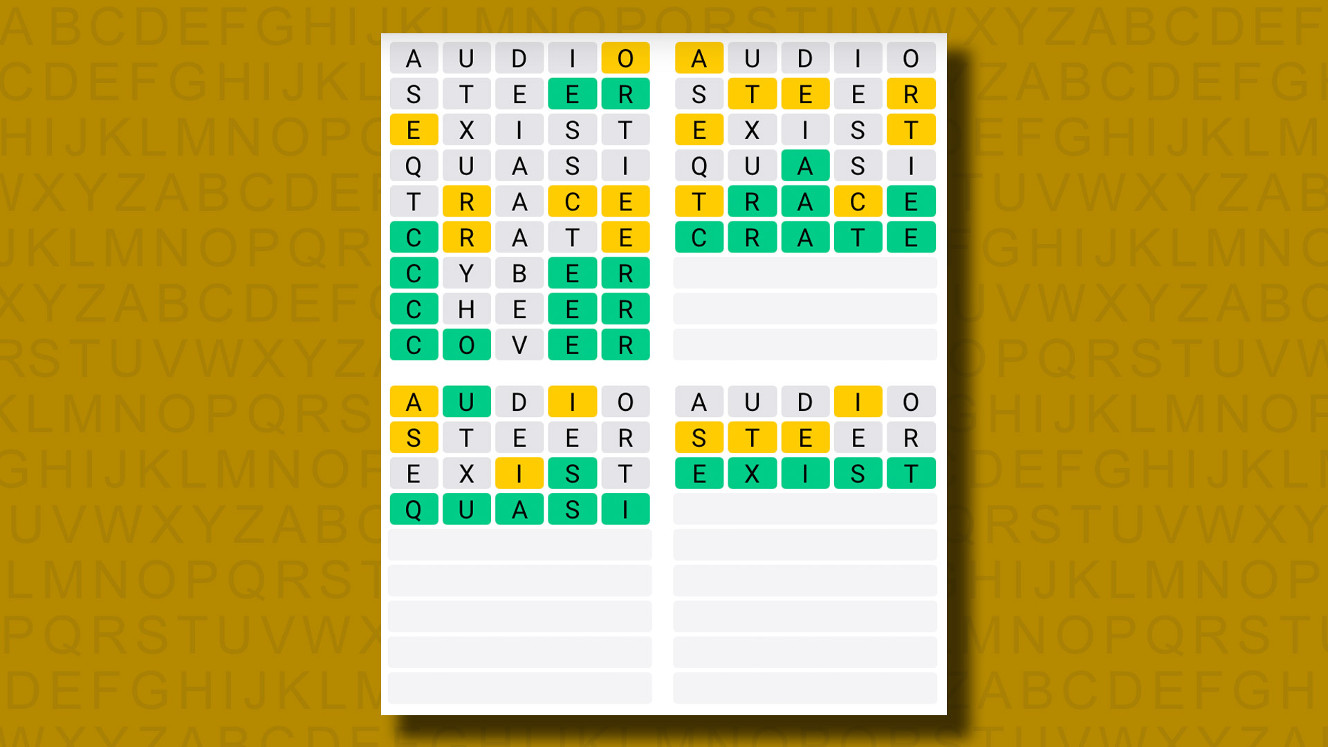 Quordle answers for game 1076 on a yellow background