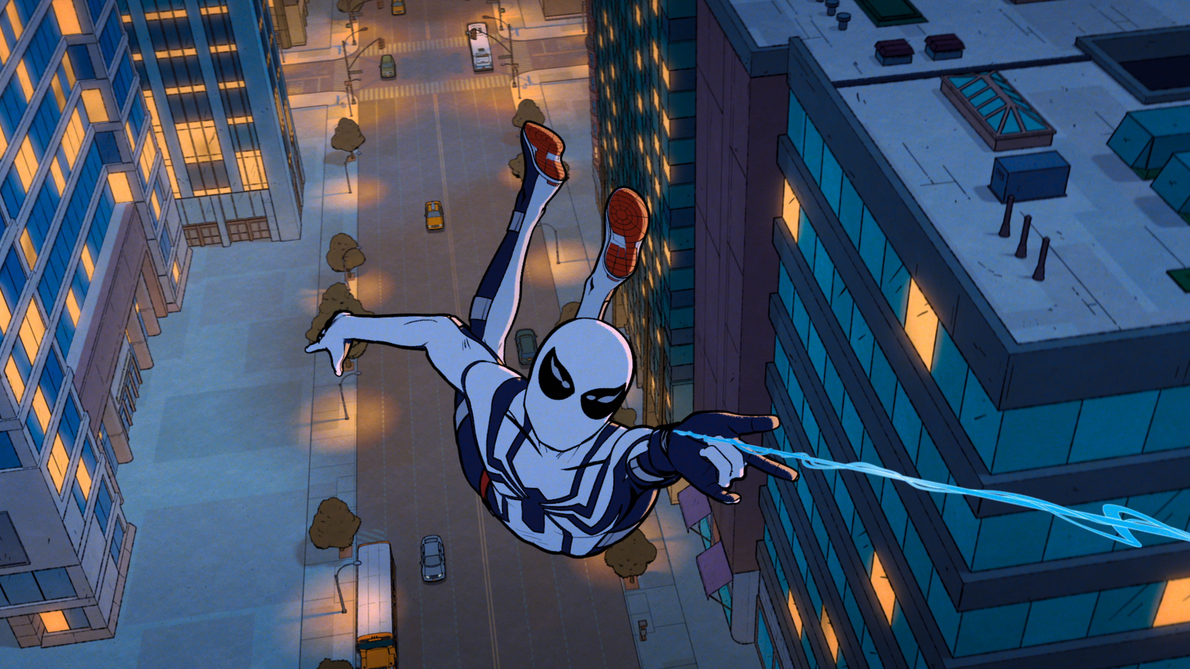 Peter Parker swings through New York wearing his Future Foundation suit in Your Friendly Neighborhood Spider-Man